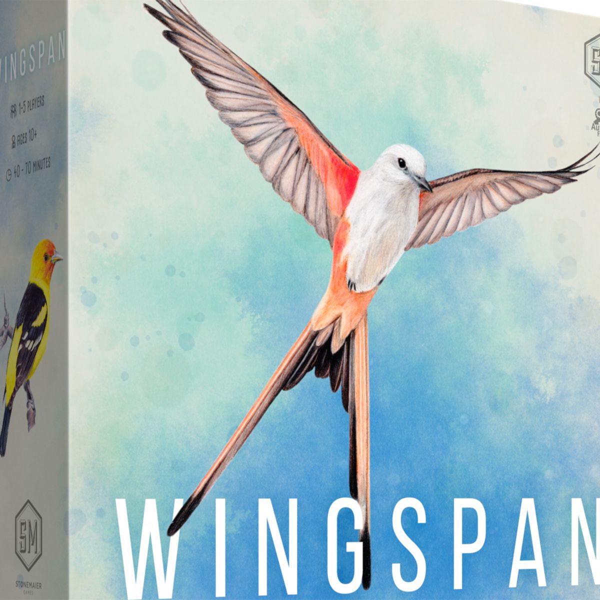 En vit fågel svävar mot en blå bakgrund i omslaget till Wingspan.