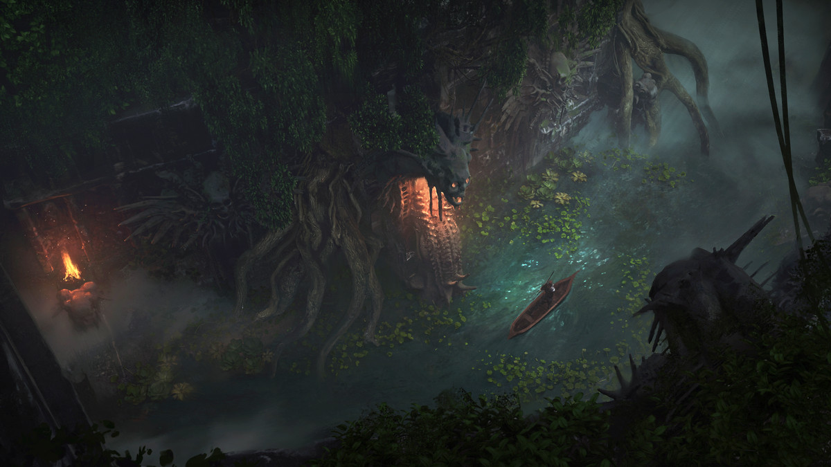 En liten båt går genom en mörk men frodig flod i en reklambild för Diablo 4: Vessel of Hatred