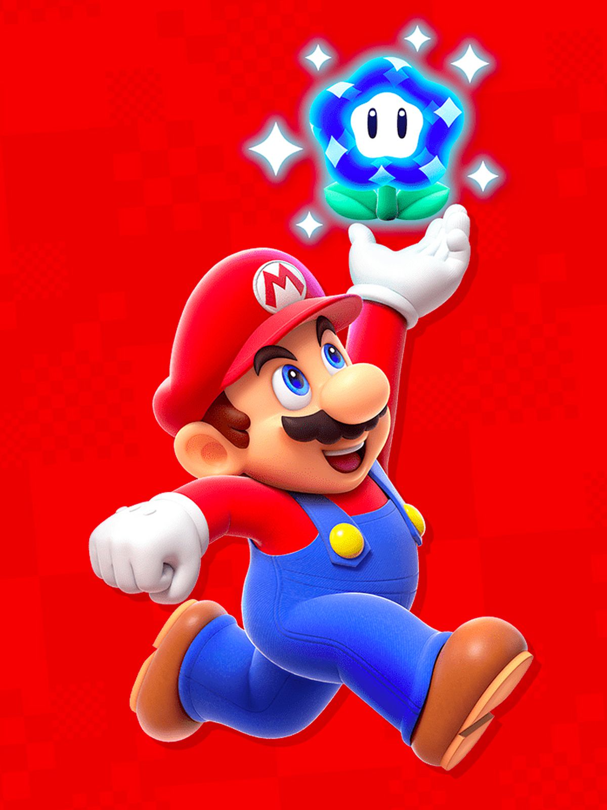 Mario, hoppar och sträcker sig efter en underbar blomma, i konstverk från Super Mario Bros. Wonder