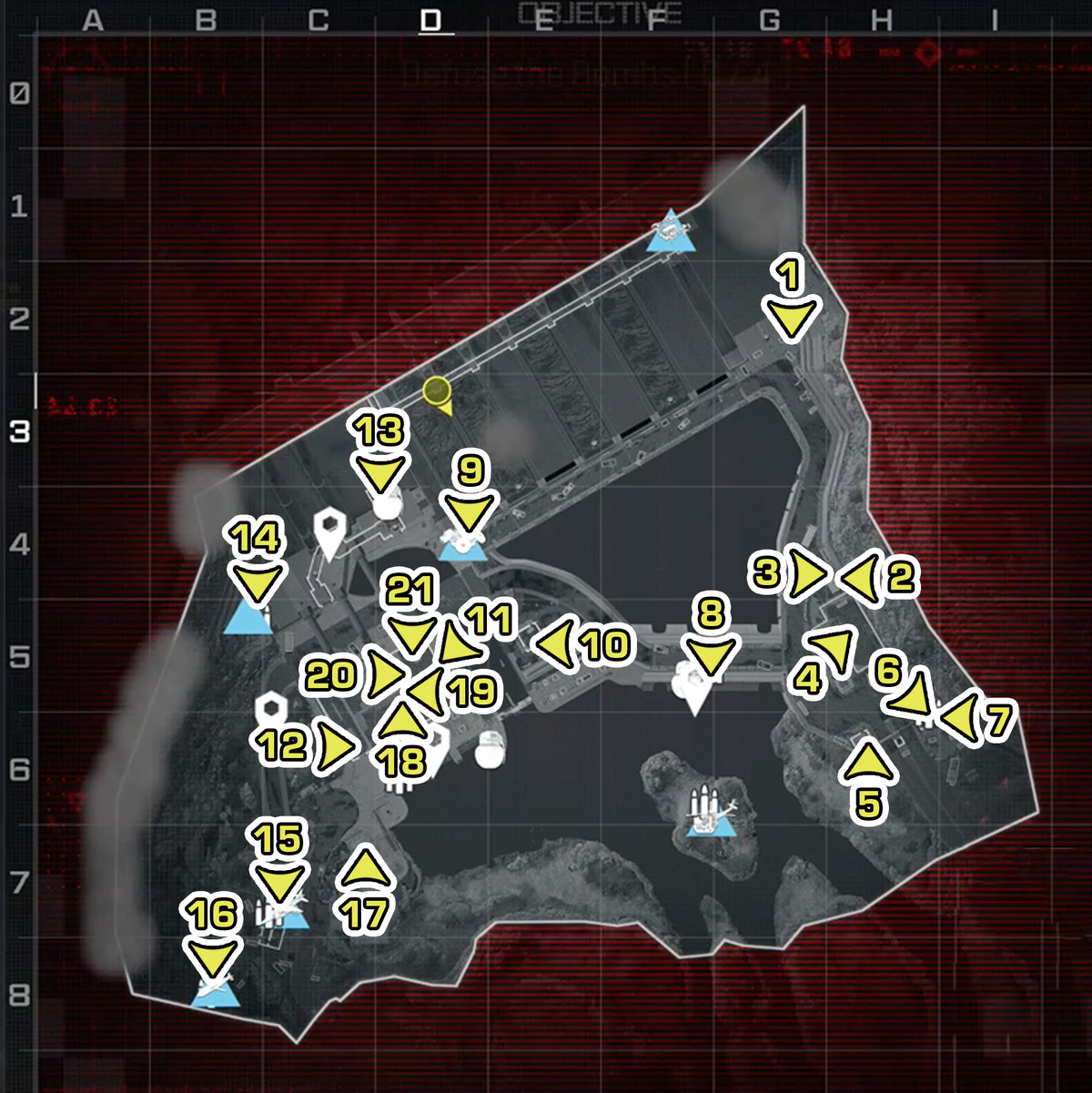 Call of Duty: Modern Warfare 3 Gora Dam-karta med alla vapen- och föremålsplatser markerade.