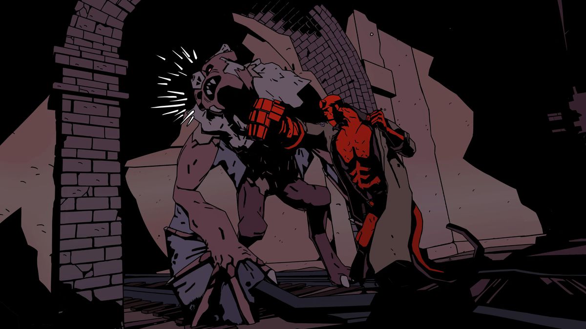 Hellboy slår en fladdermusliknande varelse i Hellboy Web of Wyrd.