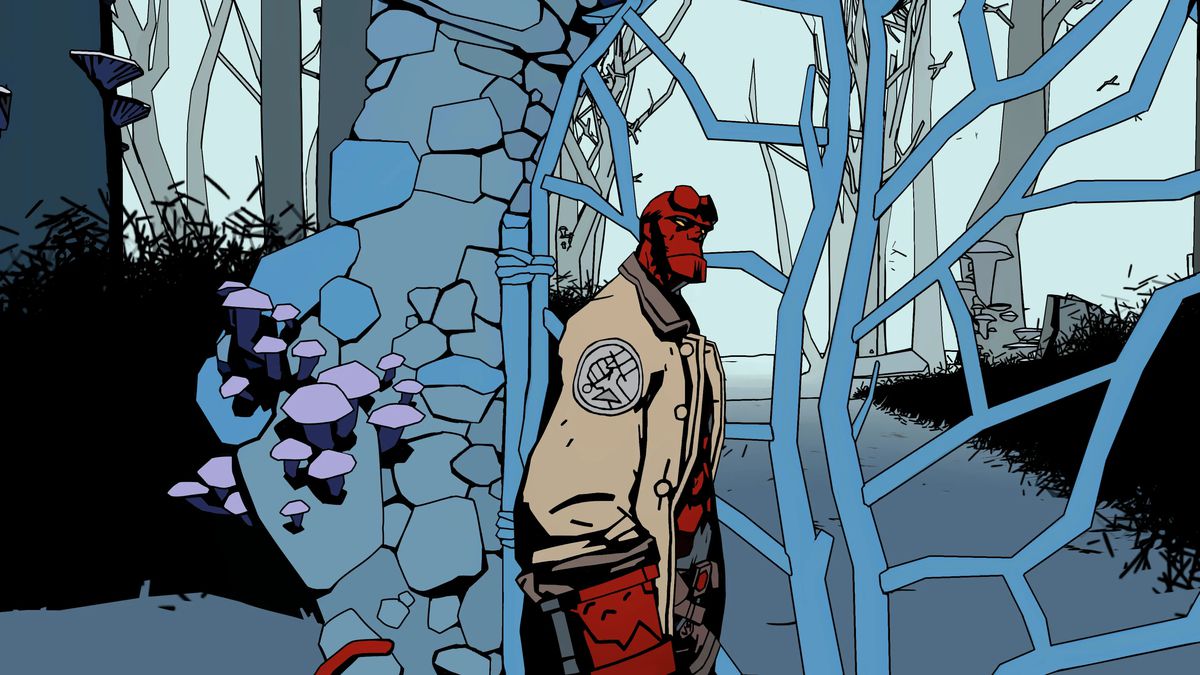Hellboy står i en skog i Hellboy Web of Wyrd.