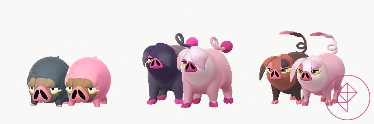 Shiny Lechonk med Oinkologne i Pokémon Go, som båda blir rosa