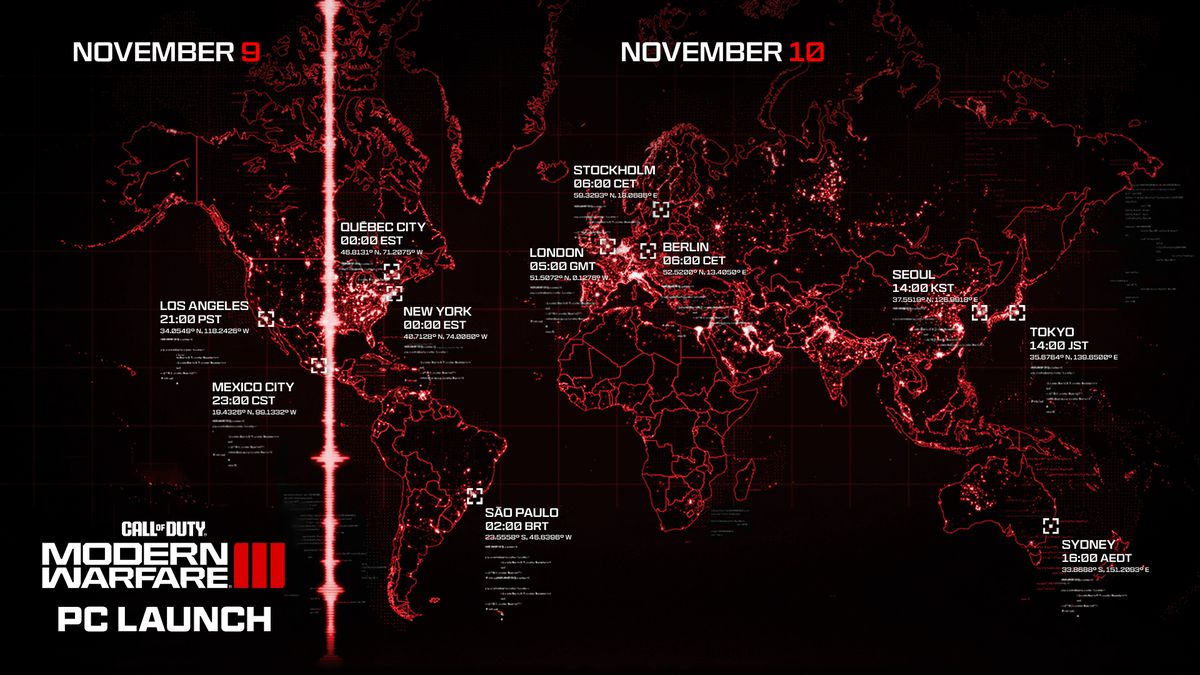 En karta visar PC-släpptiderna för Call of Duty: MW3.
