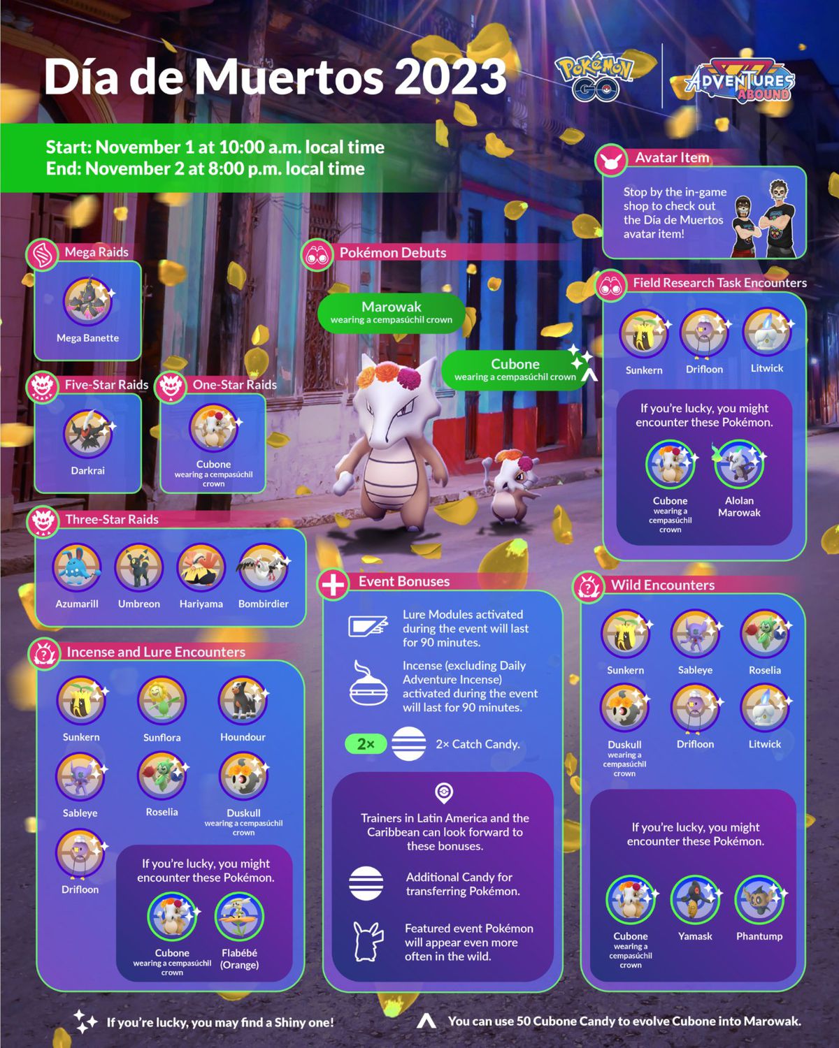 En infografik för Pokémon Gos evenemang Dia de Muertos 2023, som visar Marowak och Cubone bära en cempasúchil-krona.