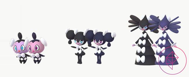 Shiny Gothita, Gothorita och Gothitelle i Pokémon Go.  Shiny Gothita och Gothorita har röda ögon och glänsande Gothitelle blir djupt lila.