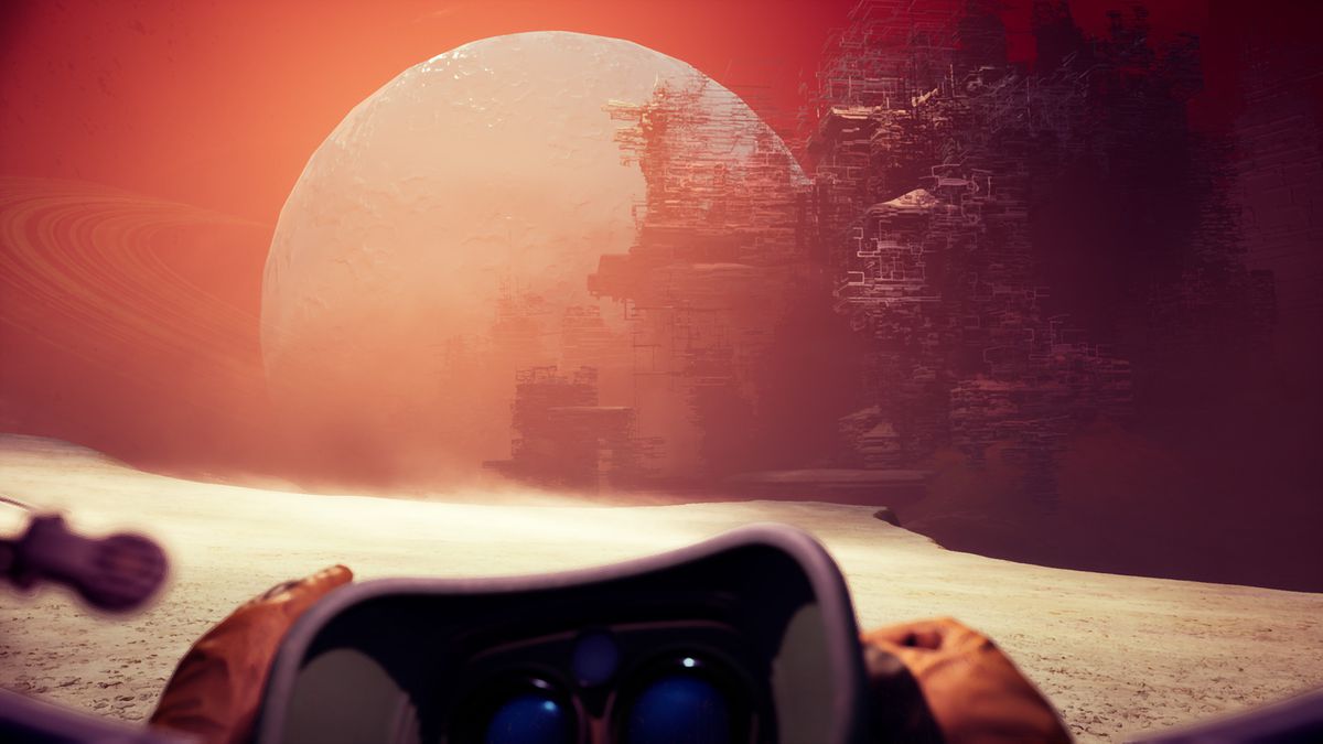 Pre-release-bild av Yasna som stirrar på en märklig metallisk utomjordisk struktur vid horisonten av en utomjordisk öken i The Invincible. 