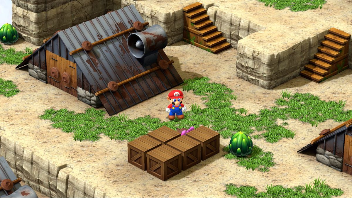 Mario står framför några lådor i Super Mario RPG:s Moleville