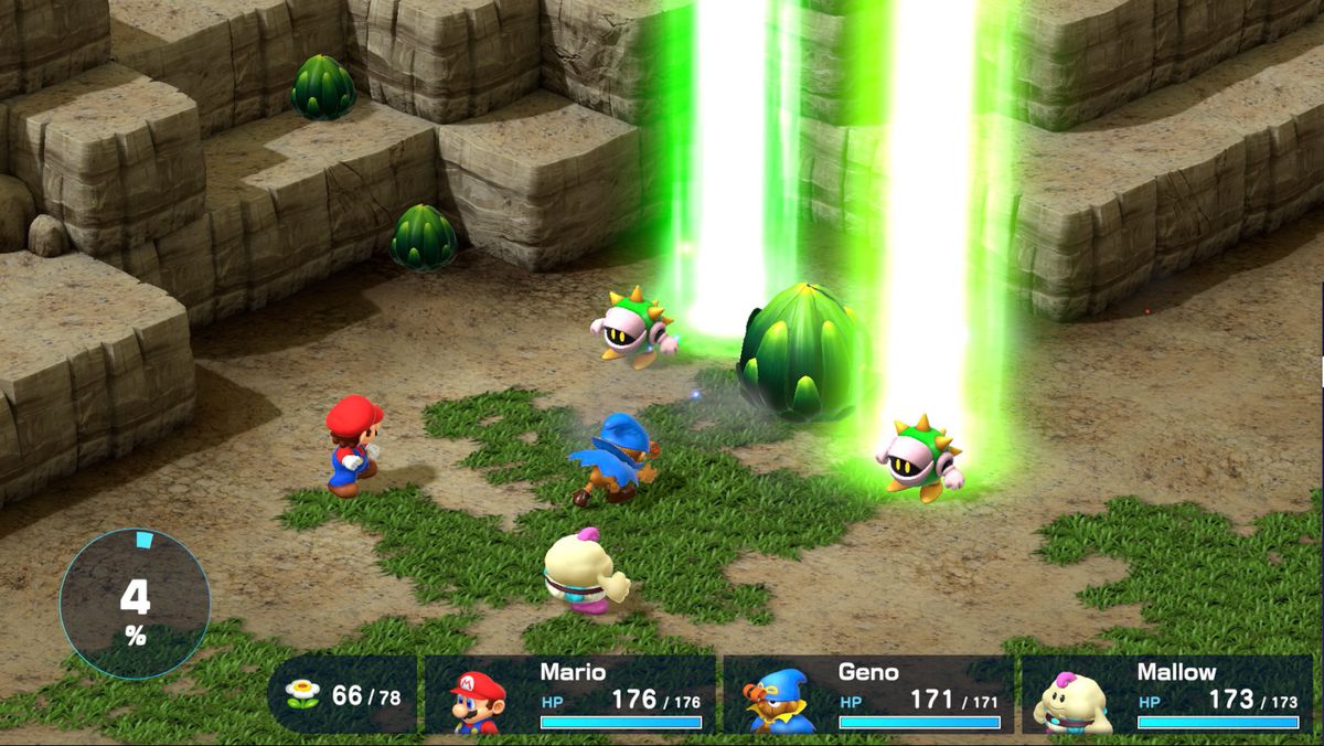 Geno spränger taggiga fiender i Super Mario RPG med gröna lampor