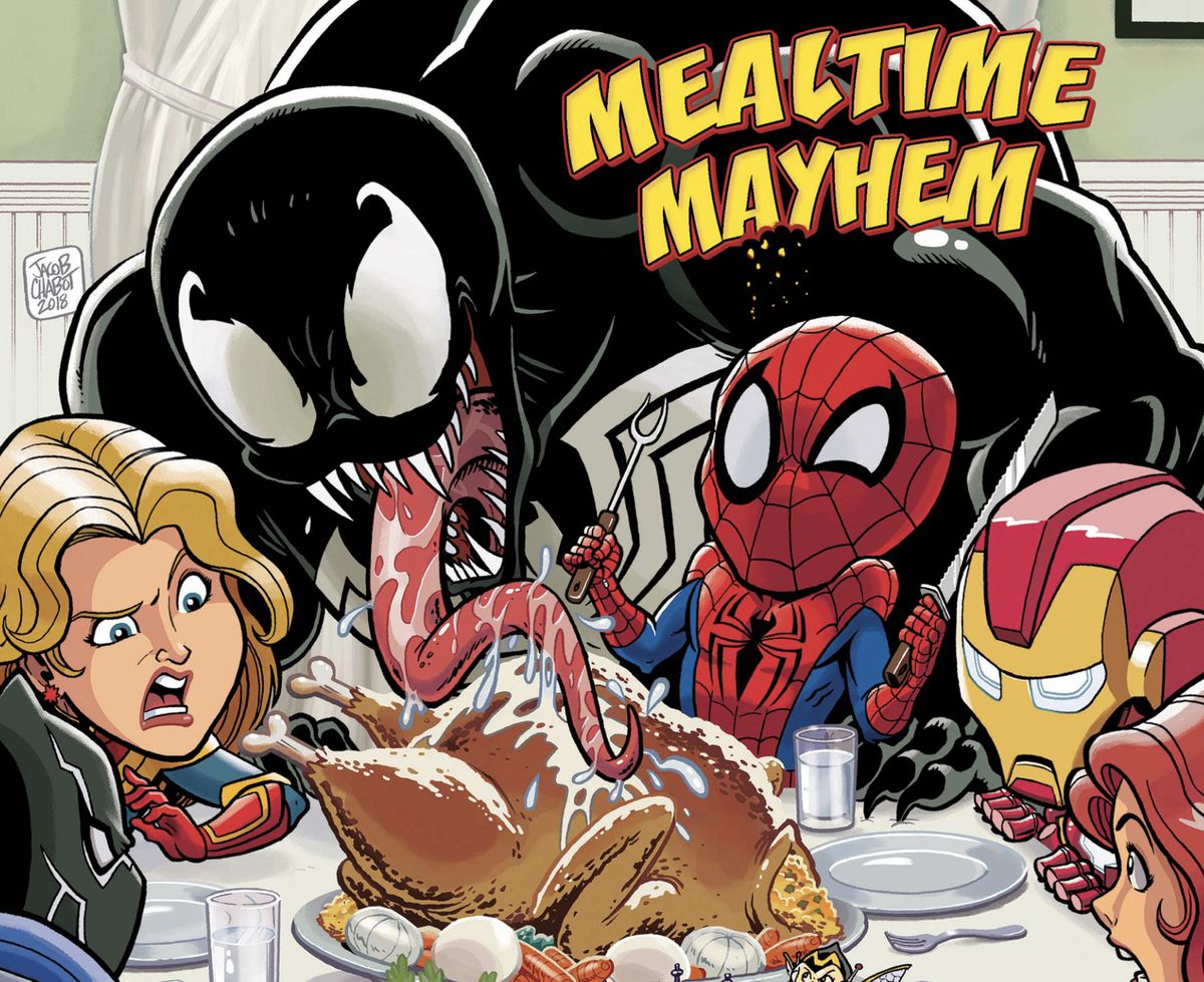 Avengers (och Spider-Man och Venom) sitter runt en vanlig tacksägelse i Rockwell-stil som sprids när Venom slukar över hela kalkonen med sin tunga, på omslaget till Marvel Super Hero Adventures: Captain Marvel - Mealtime Mayhem (#1. 