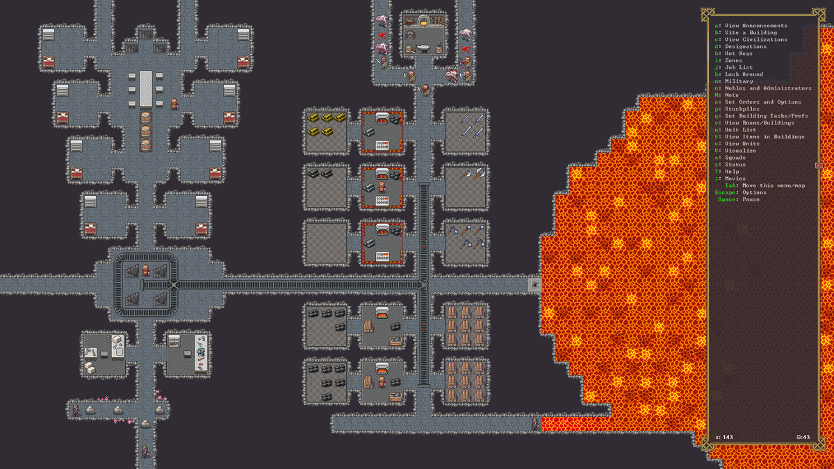 A mountain stronghold featuring large pools of lava from an in-development version of Dwarf Fortress for Steam.