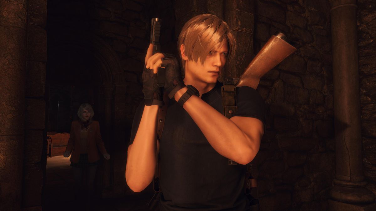 Leon S Kennedy prepares his gun while entering a room in Resident Evil 4 remake, with Ashley following behind