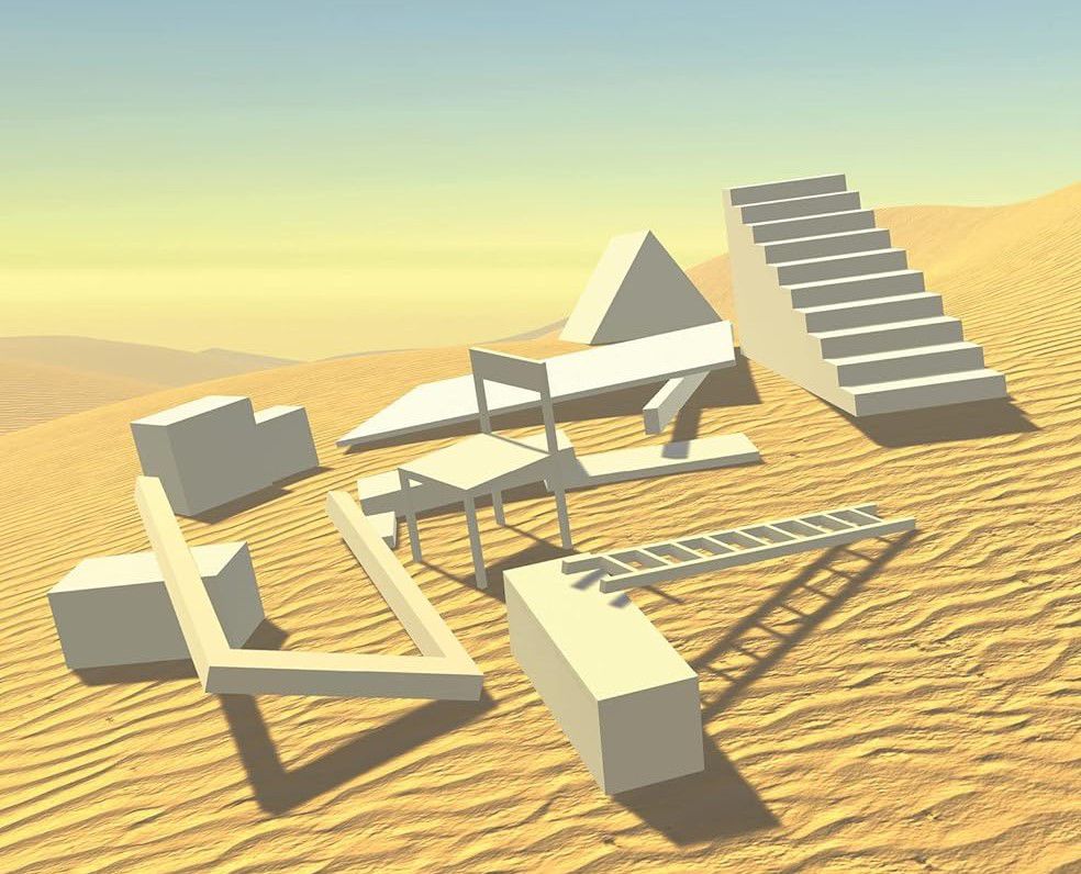 A collection of geometric objects rest on sand dunes on the cover of The Stuff Games Are Made of by Pippin Barr.