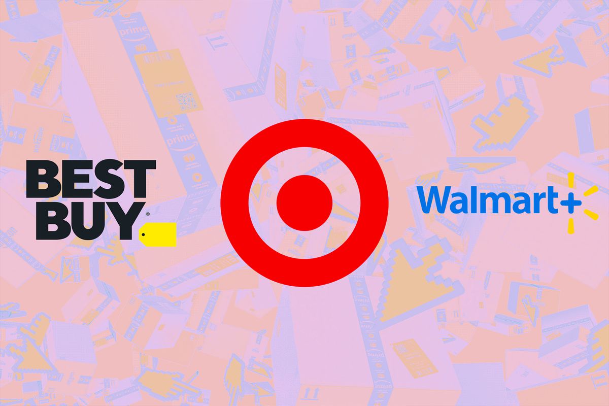 En bild som innehåller Best Buy-logotypen, Target-logotypen och Walmart-logotypen på en stiliserad bakgrund som innehåller en kombination av Amazons kartonger och muspekare.