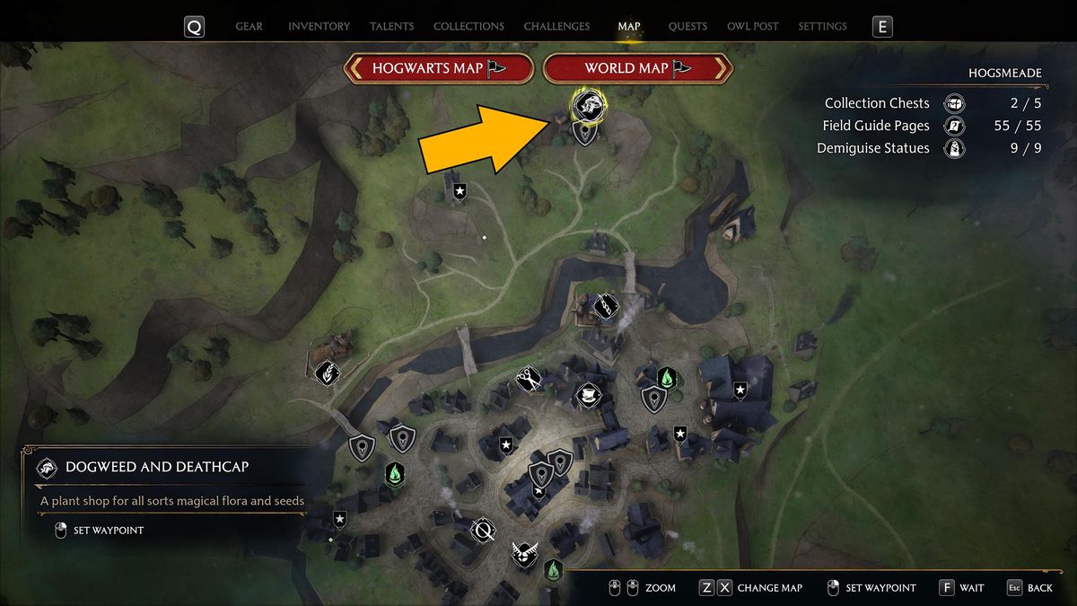 En karta visar platsen för Dogweed och Deathcap i Hogwarts Legacy.