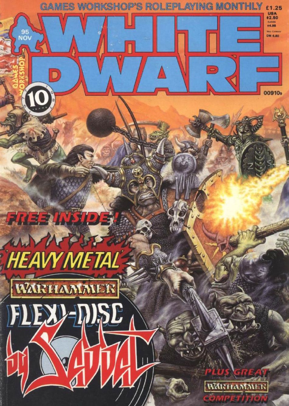 Omslaget till White Dwarf #95 inkluderar notera att en flexi-disk från Sabbat ingår.  I bakgrunden hertigar alver och troll det ute på slagfältet.