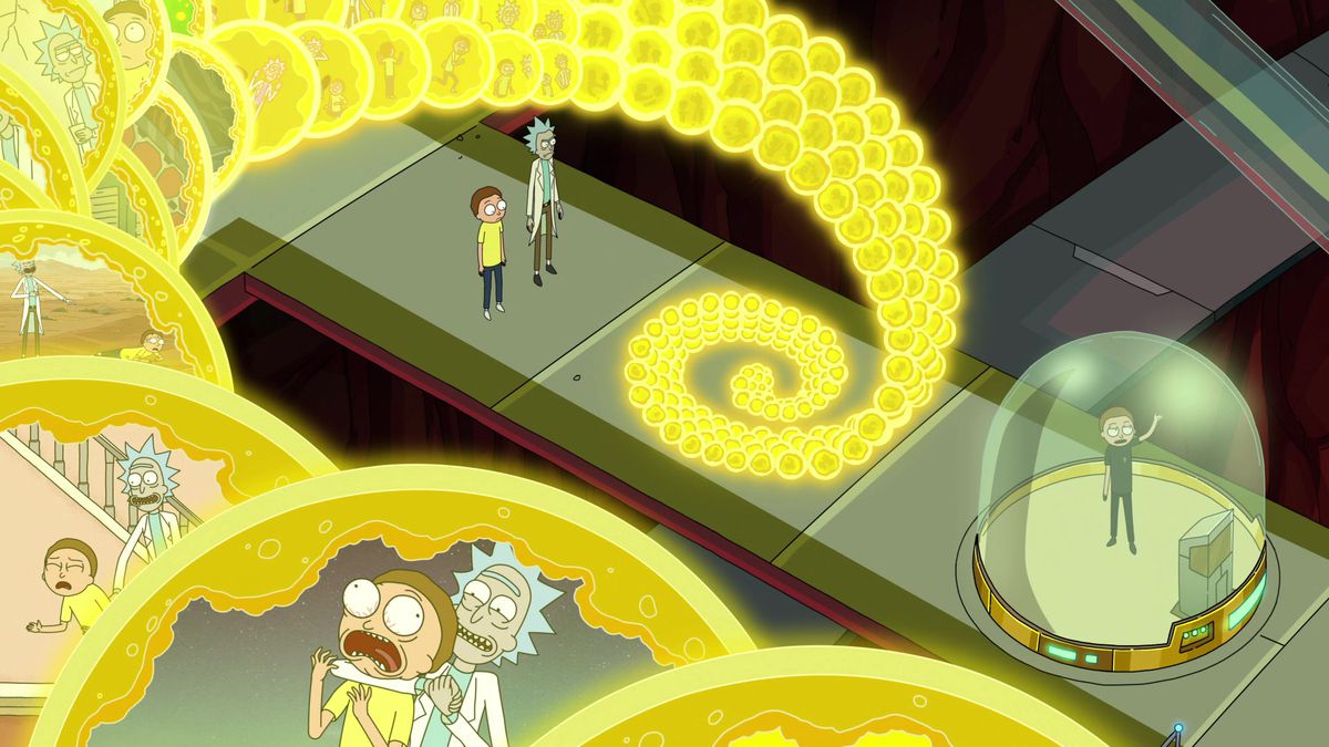 (LR) Morty och Rick stirrar på en holografisk projektion av multiversum med Evil Morty i Rick and Morty.