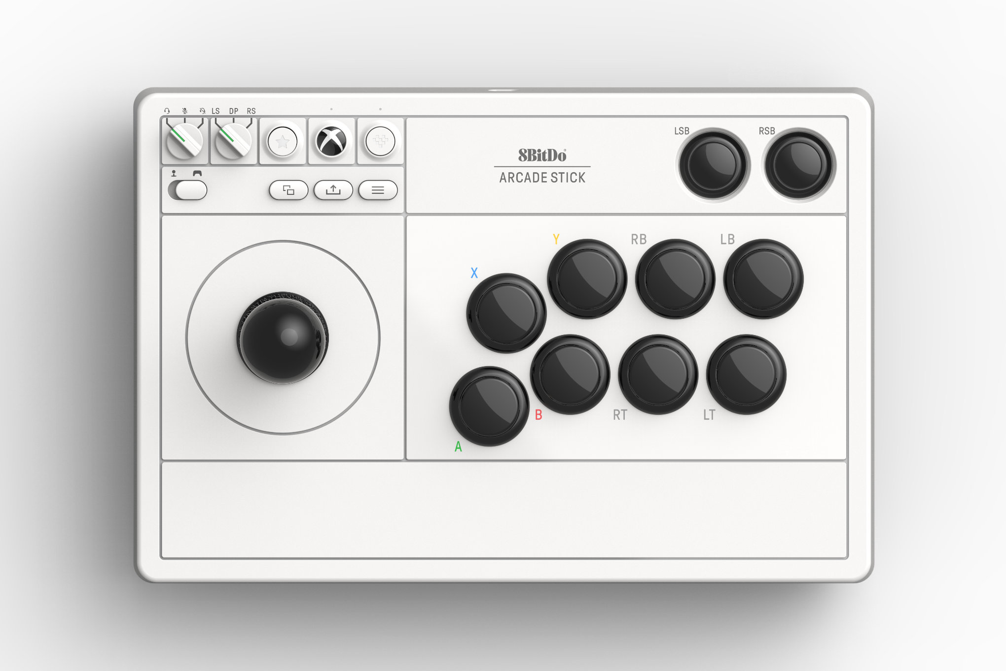 Den vita 8BitDo Arcade Stick för Xbox med svarta knappar.