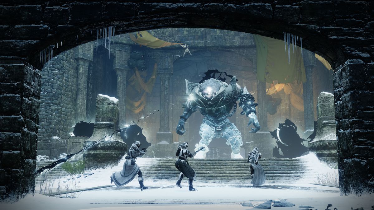 Three guardians fight a giant boss in the Warlord’s Ruin dungeon in Destiny 2.