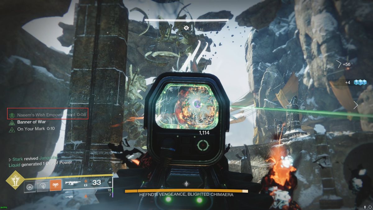 Image of the wish buff being shot by a guardian in Destiny 2 Warlord’s Ruin dungeon.