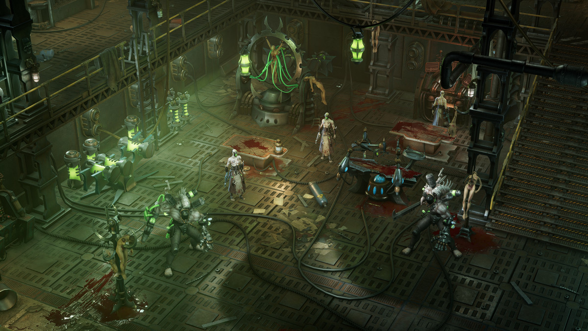 Ett skändligt rum för vetenskapliga experiment, med bårar och grön belysning, i världen av Warhammer 40 000: Rogue Trader