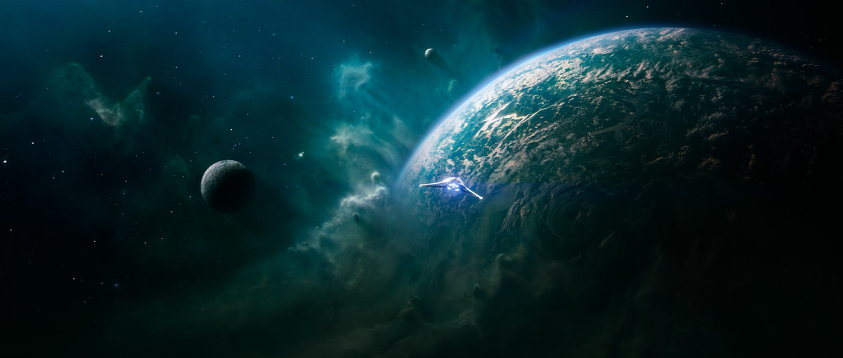 Ett rymdskepp närmar sig en planet som ser ut som om den har förutsättningar för mänskligt liv i Exodus
