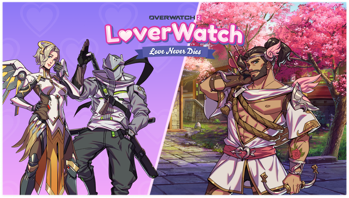 Loverwatch: Love Never Dies konst, som visar kärleksintressena Mercy och Genji, samt Hanzo klädd som Amor