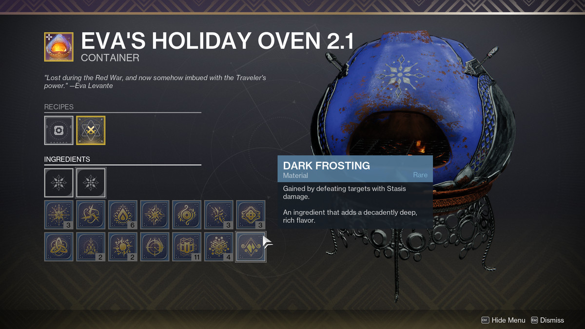 En markör svävar över Dark Frosting-ingrediensen i The Dawning-evenemanget 2023 för Destiny 2