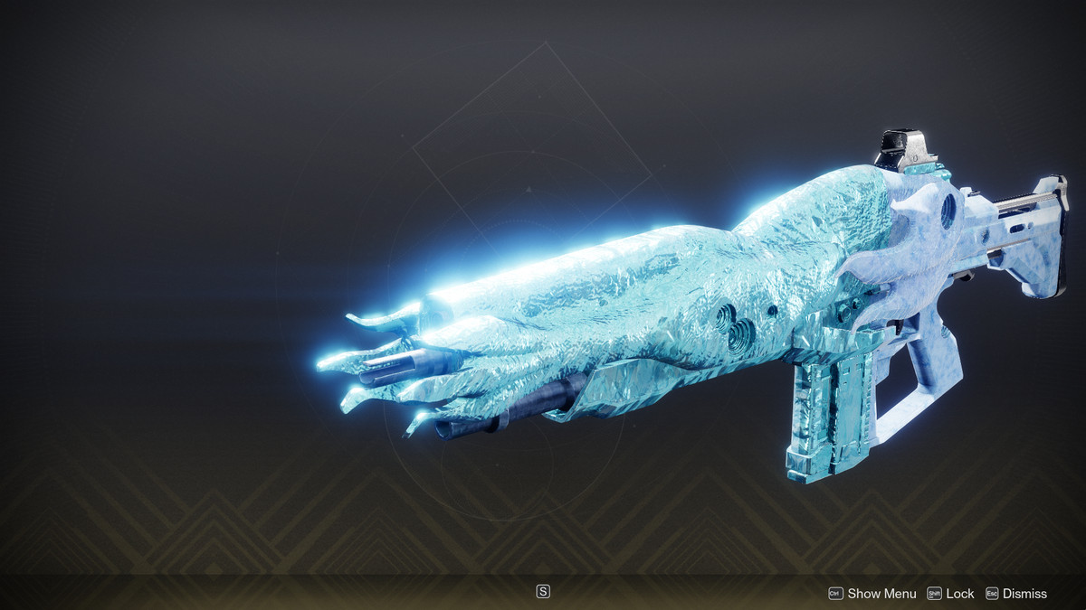 Dawning Mementos unika Rime Keepsake shader applicerad på Rufus's Fury (Adept) autogevär i Destiny 2