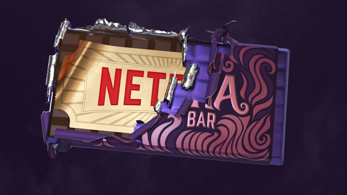 En Wonka-godisbar avslöjar Netflix-logotypen i en pressmeddelandebild för streamingtjänstens Roald Dahl-affär