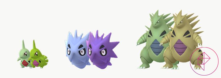 Shiny Larvitar, Pupitar, and Tyranitar. Shiny Larvitar is a brighter green, shiny Pupitar turns purple, and shiny Tyranitar turns a more muted yellow-green.