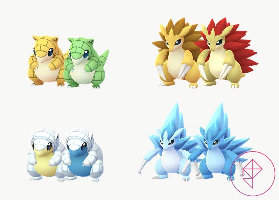 Alolan and regular Sandshrew and Sandslash with their Shiny forms. Shiny regular Sandshrew is green and Sandslash gets red spikes. Shiny Alolan Sandshrew and Sandslash both get darker blue accents.