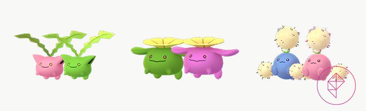Shiny Hoppip, Skiploom och Jumpluff med sina vanliga former.  Hoppip går från rosa till grönt, Skiploom går från grönt till rosa och Jumpluff går från blått till rosa.