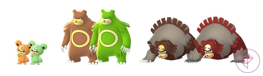 Teddiursa, Ursaring, and Ursaluna with their Shiny forms. Teddiursa and Ursaring both turn lime green, but Ursaring gets a red tint.