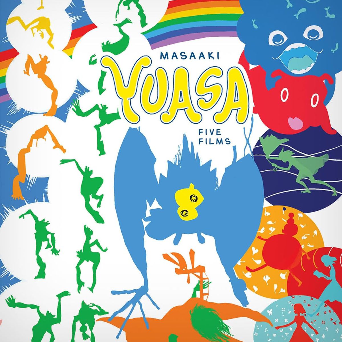 Omslaget till Blu-ray-setet Masaaki Yuasa: Five Films, med en mängd olika karaktärer från anime-regissörens filmer i skarp siluett och ljusa färger