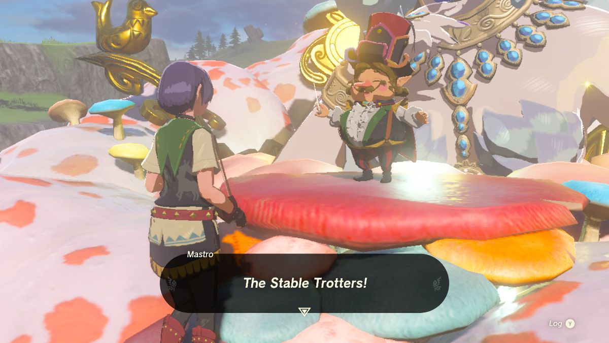 Mastro of The Stable Trotters shouts the musical troupe name at the violinist in Zelda: Tears of the Kingdom