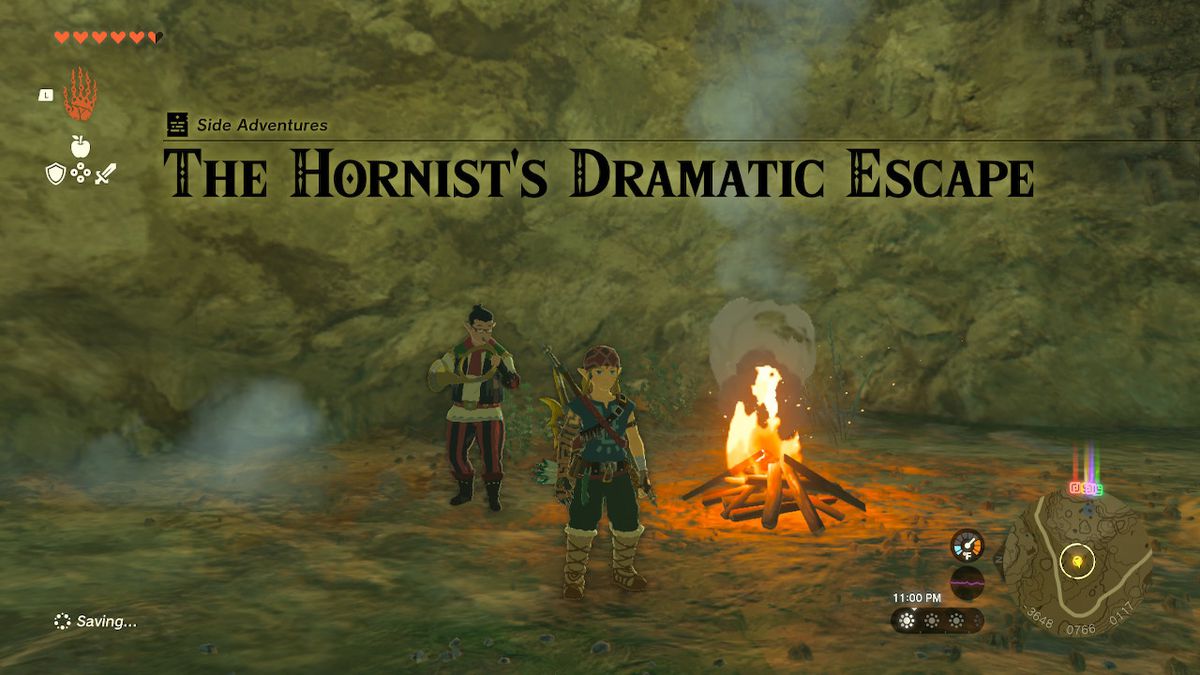 Link stands inside the hole where Eustus has fallen into in Zelda: Tears of the Kingdom