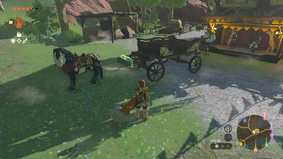 Link stands in front of his horse, who has a harness attached to the carriage with Ultrahand, in Zelda: Tears of the Kingdom