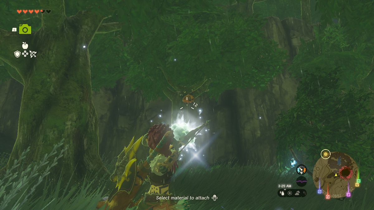 Link aims an ice arrow to a bee hive in the forest near Kakariko Village in Zelda: Tears of the Kingdom