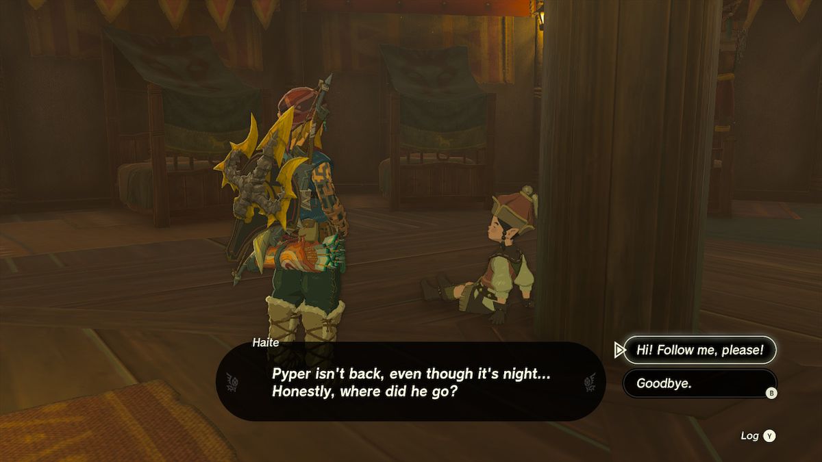 Link asks Haite to follow him inside the Outskirt Stable in Zelda: Tears of the Kingdom