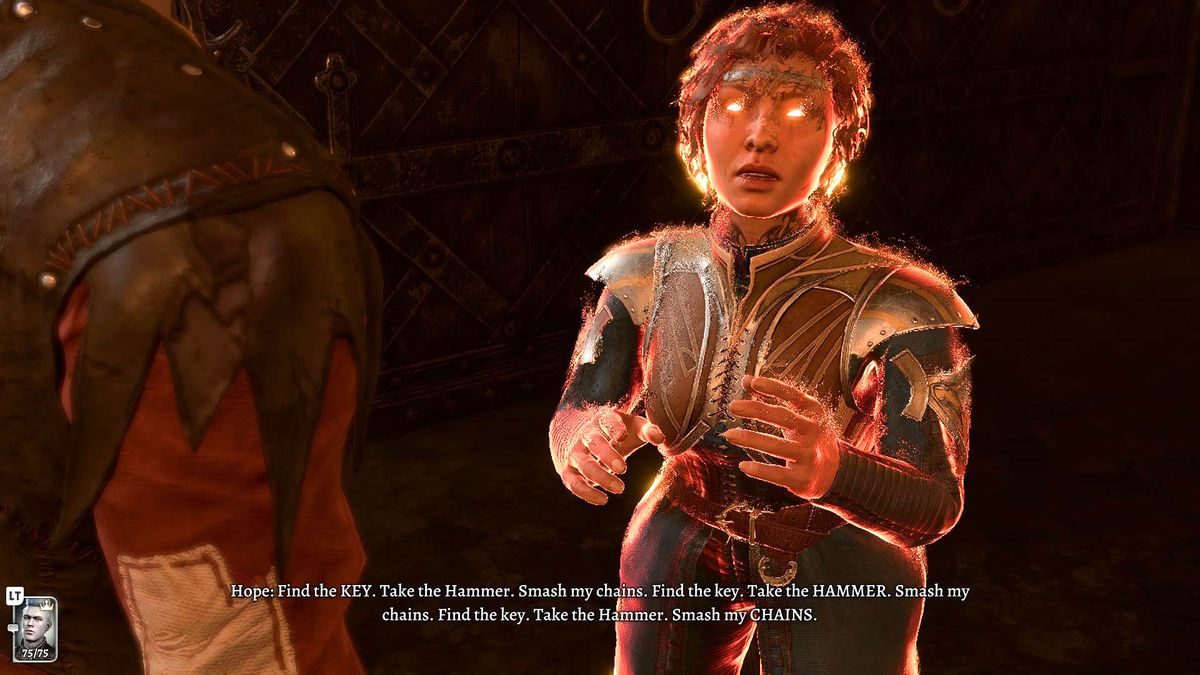 A Baldur’s Gate 3 character talks to a red glowing demon in the House of Hope in BG3.