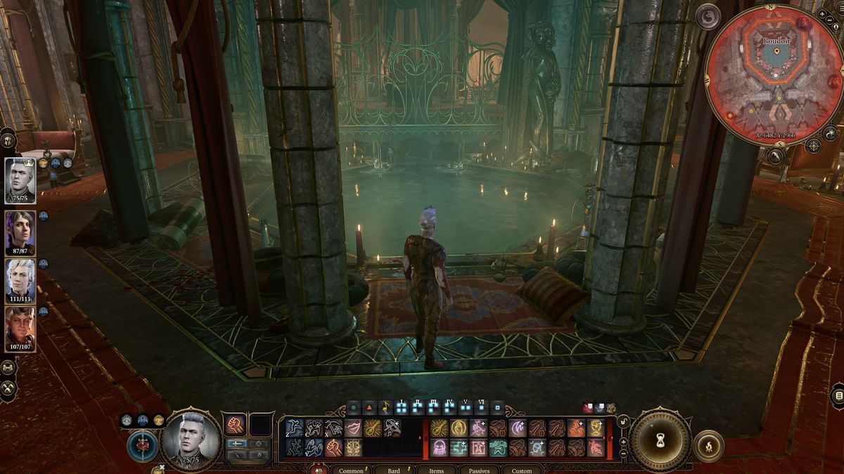 A Baldur’s Gate 3 character stands by a pool in the House of Hope near Haarlep in BG3.