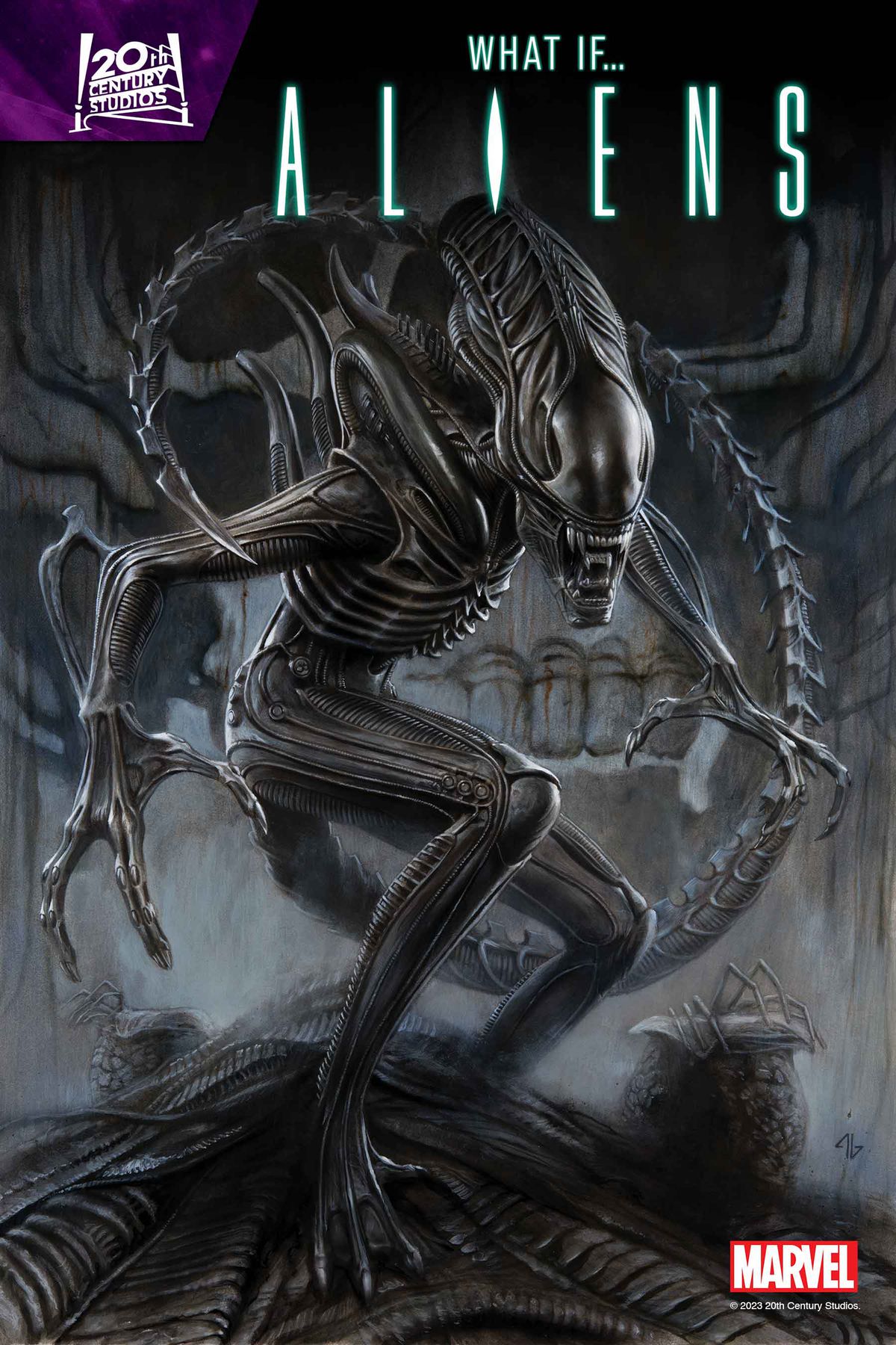 En xenomorph står på sitt bo, redo att attackera.