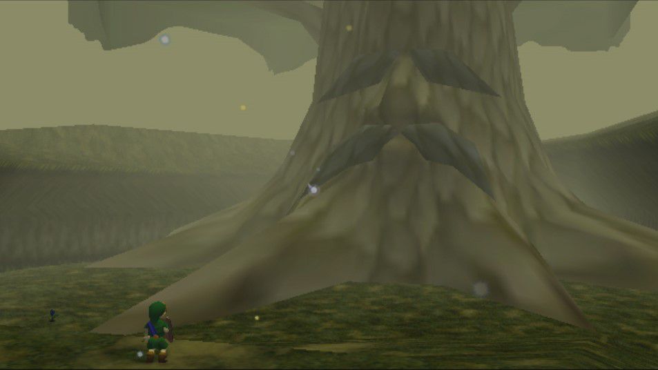 Ett barn Link står framför det stora Deku-trädet, ett gigantiskt träd med ett sorgset ansikte, i Zelda: Ocarina of Time