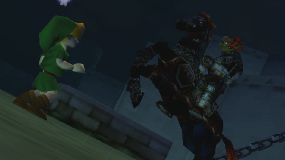 Ett barn Link möter den elaka rödhåriga Ganondorf, som rider på en trollhäst, i Zelda: Ocarina of Time