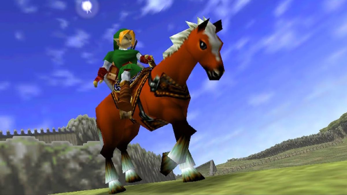 En polygonal länk rider sin häst Epona i Legend of Zelda: Ocarina of Time