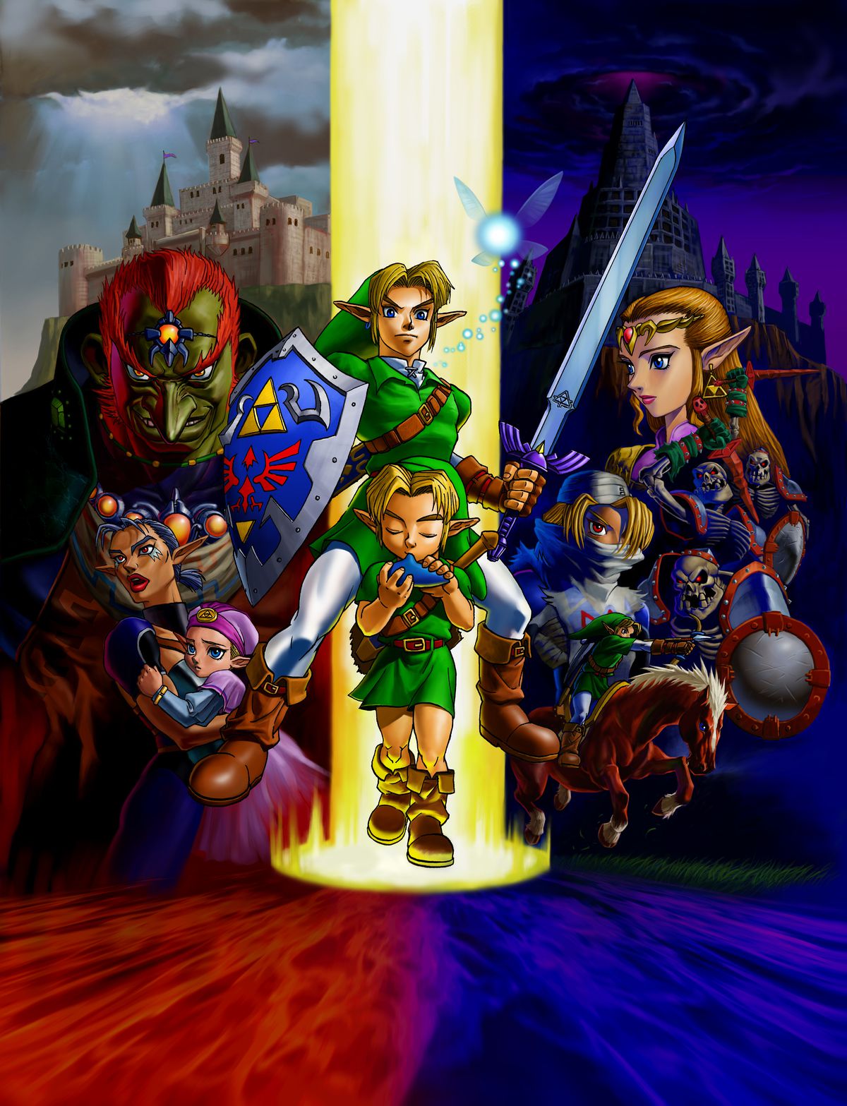 Konstverk som visar alla huvudkaraktärerna från Zelda: Ocarina of Time, inklusive både barn och vuxna Link i centrum. 