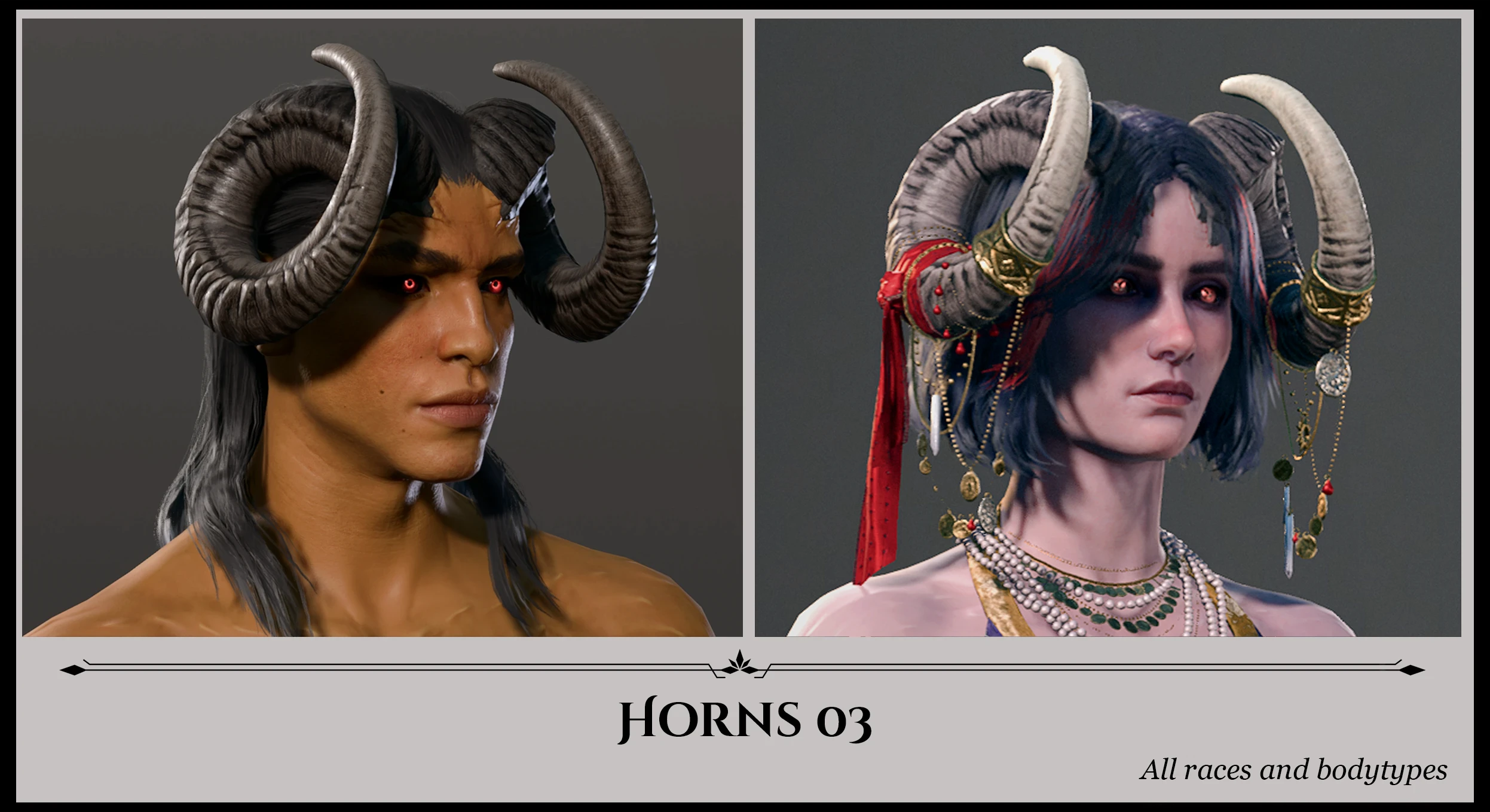 Huvudbilder av två Baldur's Gate 3-karaktärer, med baggeliknande horn, med tillstånd av Horns of Faerun mod.