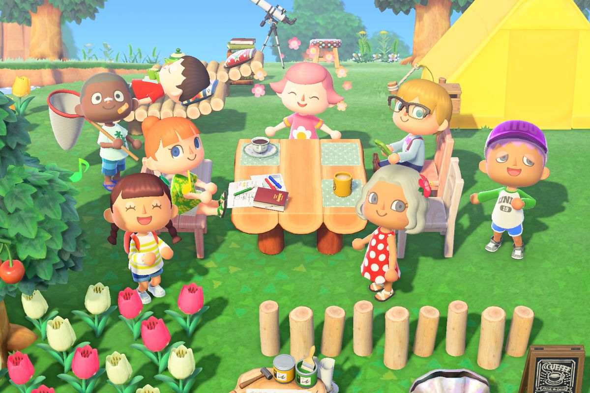 En grupp på åtta invånare samlades runt ett picknickbord i Animal Crossing: New Horizons