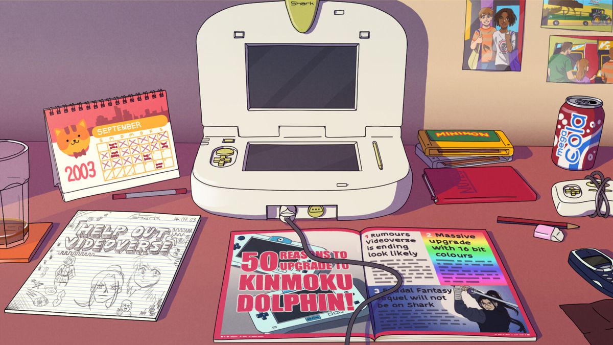 Videoverse-skärmdump som visar en fiktiv videospelskonsol som ser ut som en skrymmande Nintendo 3DS, samt några tidningar, läsk och en kalender på ett skrivbord.
